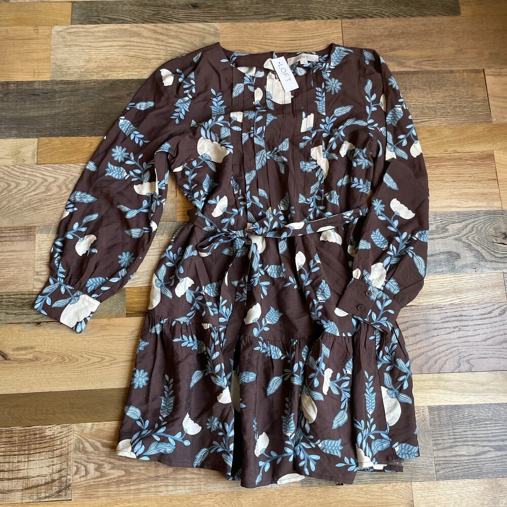 LOFT Women's M Brown Floral Belted Fit Flare Mini Dress NWT 775971